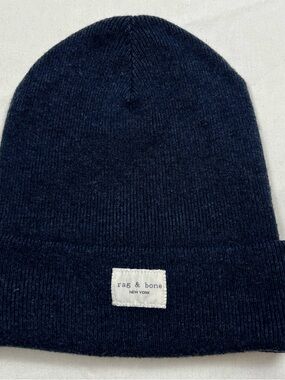 RAG & BONE Addison Logo Folded Edge Wool Unisex Beanie Blue One Size